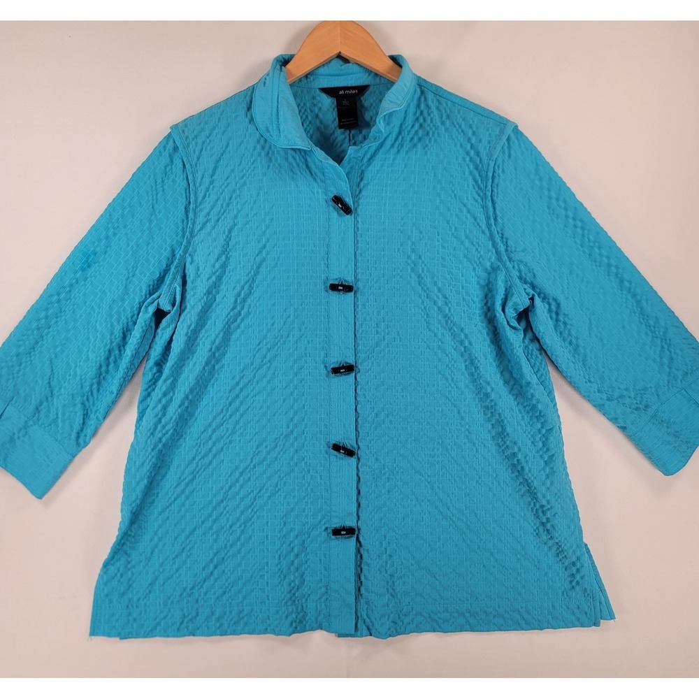 Ali Miles Textured Jacket Top Turquoise Blue Large 3/4 Sleeve‎ Womens